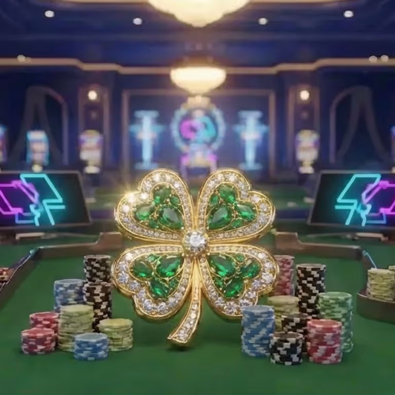 Gold and emerald four-leaf clover displayed among casino chips, symbolizing luck and special game offers at Axwin Casino.