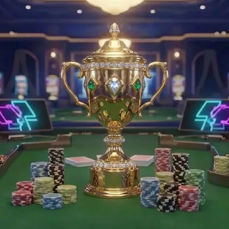 Golden trophy surrounded by multicolored casino chips, highlighting tournaments and high-stakes wins at Axwin Casino.